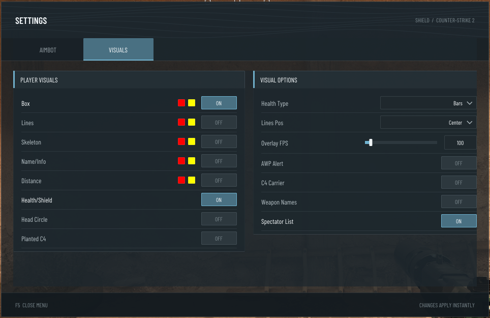 Menu Visuais para Conter Strike 2