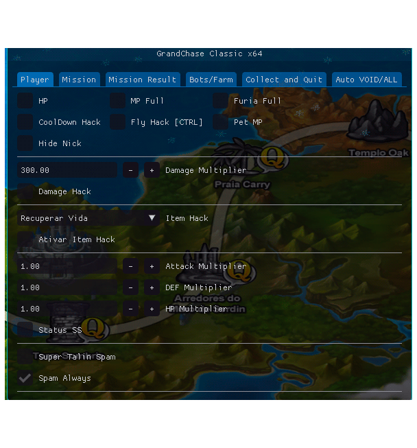 Menu com todas as funções do hack da FOX para Grand Chase Classic